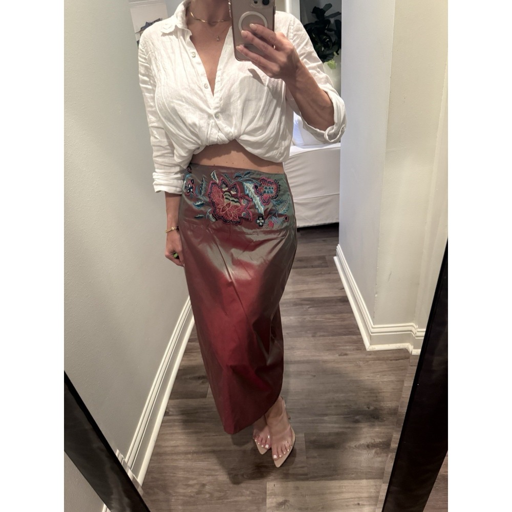 Vtg 90s Y2K Free People Silk Floral Embroidered Iridescent Midi Bussell Skirt - Picture 2 of 11